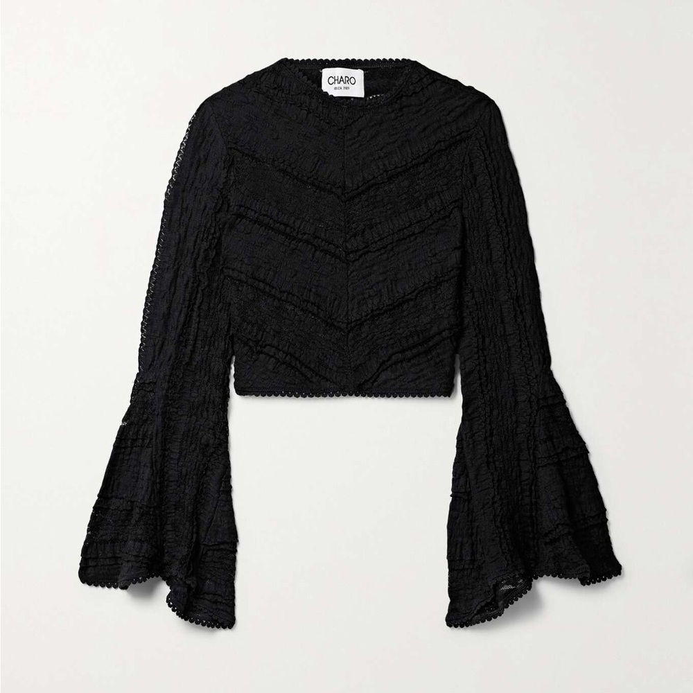Charo Ruiz Black Cropped Lace Top with Flared Sleeves - Picture 2 of 8